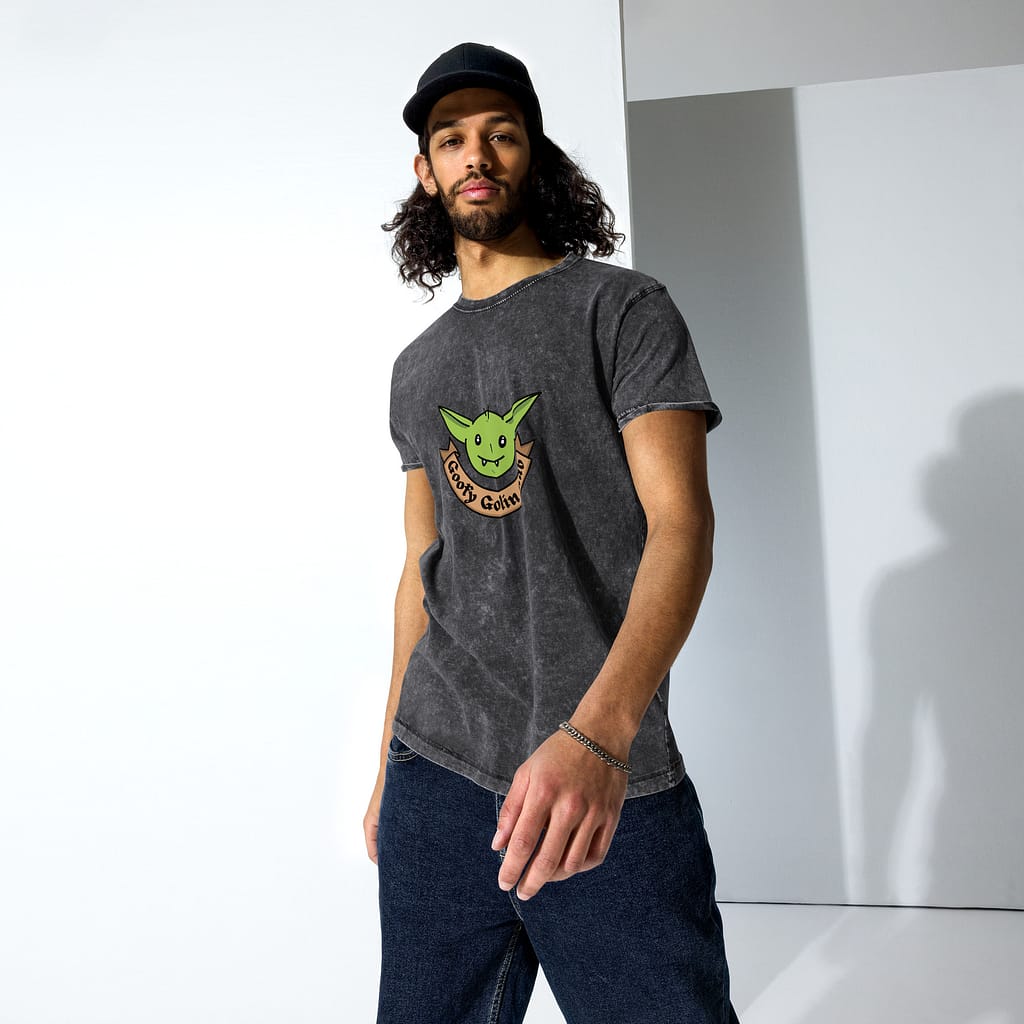 goofy goblin club logo denim tee — hand-drawn green goblin graphic on a goblincore t-shirt
